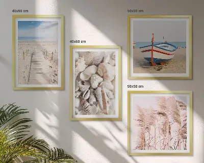 Multi-piece wall decor set with beach boat, shells, and boho grass theme