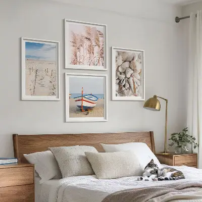 Multi-piece wall decor set with beach boat, shells, and boho grass theme
