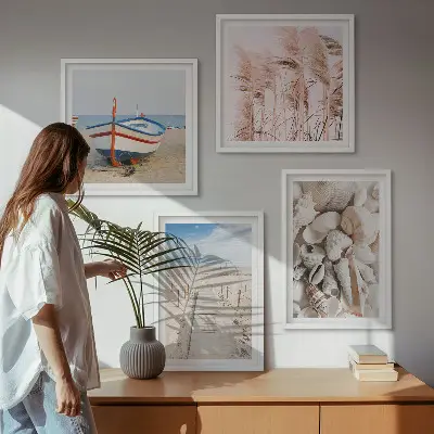 Multi-piece wall decor set with beach boat, shells, and boho grass theme