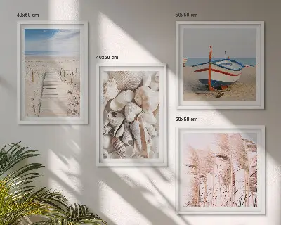 Multi-piece wall decor set with beach boat, shells, and boho grass theme