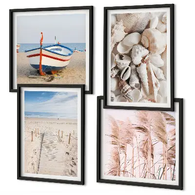 Multi-piece wall decor set with beach boat, shells, and boho grass theme
