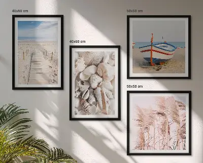 Multi-piece wall decor set with beach boat, shells, and boho grass theme