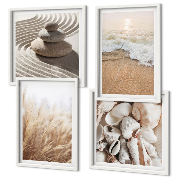Set of 4 wall art pieces Beach motifs shells waves