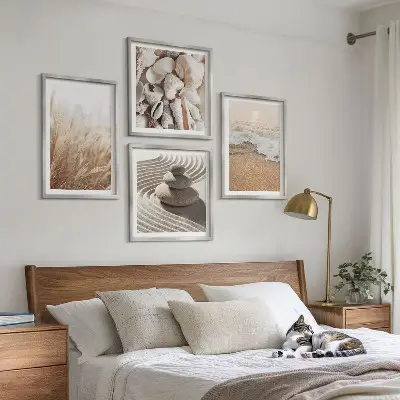 Beach motif wall art set of 4 prints with shells and waves