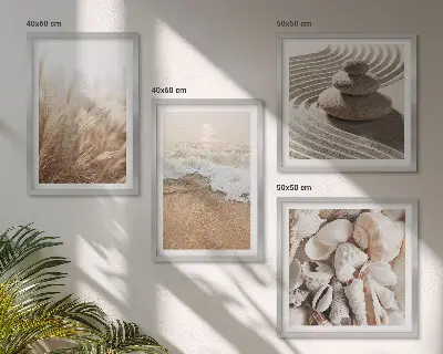 Beach motif wall art set of 4 prints with shells and waves