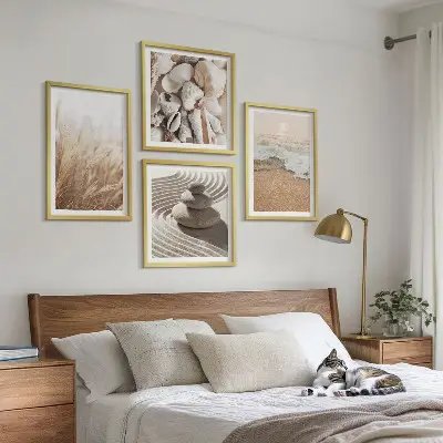 Beach motif wall art set of 4 prints with shells and waves