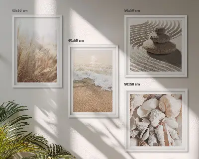 Beach motif wall art set of 4 prints with shells and waves