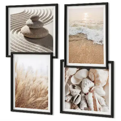 Beach motif wall art set of 4 prints with shells and waves