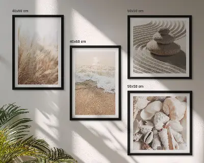 Beach motif wall art set of 4 prints with shells and waves