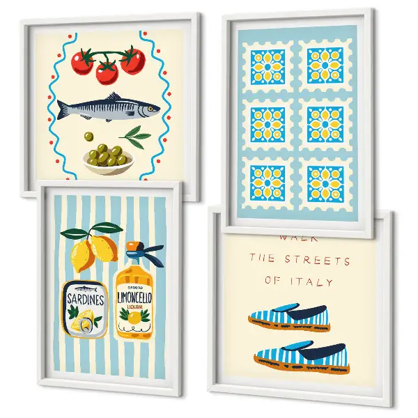 Multi-piece wall decor set featuring fruit patterns and Italian culture designs