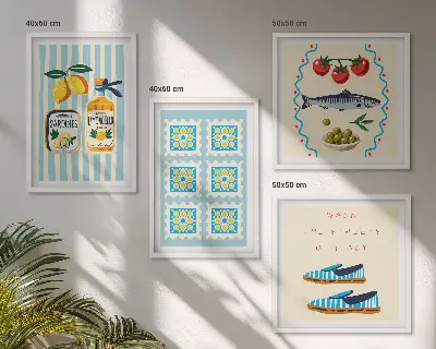 Multi-piece wall decor set featuring fruit patterns and Italian culture designs