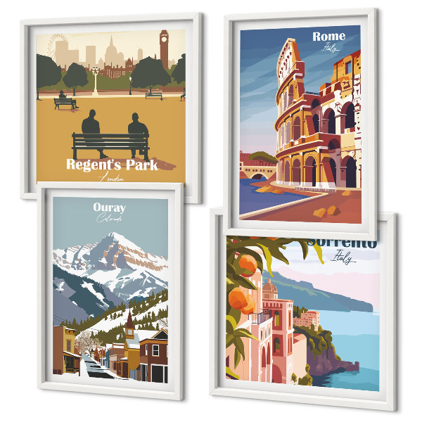 Set of 4 wall art pieces Retro illustrations of famous places