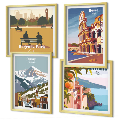 Set of 4 wall art pieces Retro illustrations of famous places