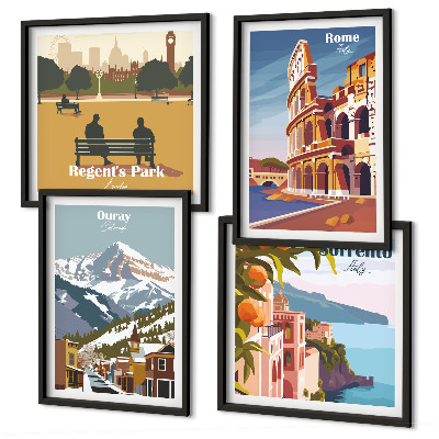 Set of 4 wall art pieces Retro illustrations of famous places