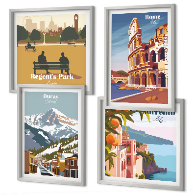 Set of 4 wall art pieces Retro illustrations of famous places