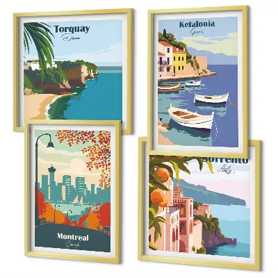 Multi-piece wall decor set featuring retro city views from around the world