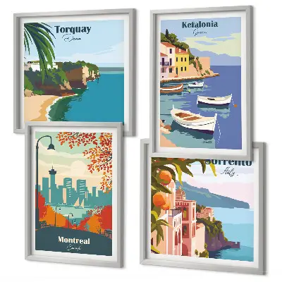 Multi-piece wall decor set featuring retro city views from around the world