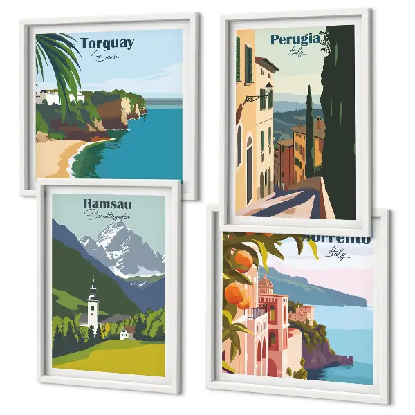 Multi-piece wall decor set featuring mountain landscapes and cityscapes