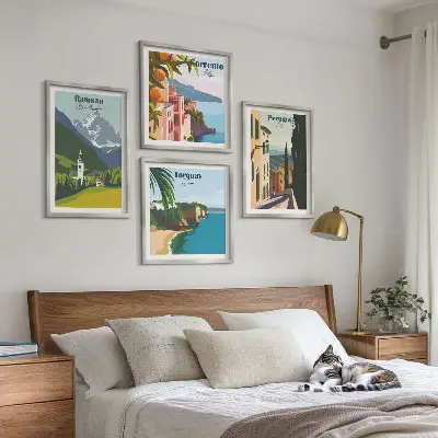 Multi-piece wall decor set featuring mountain landscapes and cityscapes