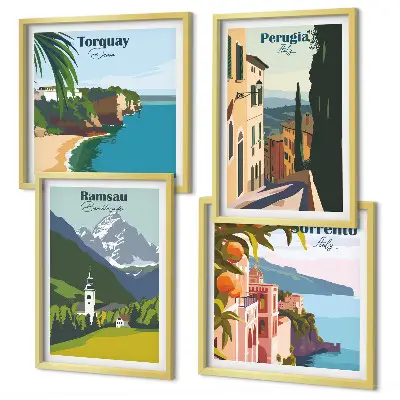 Multi-piece wall decor set featuring mountain landscapes and cityscapes