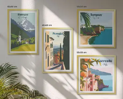 Multi-piece wall decor set featuring mountain landscapes and cityscapes