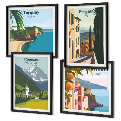 Multi-piece wall decor set featuring mountain landscapes and cityscapes
