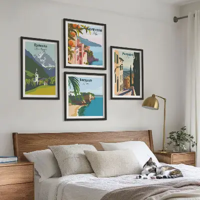Multi-piece wall decor set featuring mountain landscapes and cityscapes