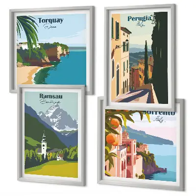 Multi-piece wall decor set featuring mountain landscapes and cityscapes