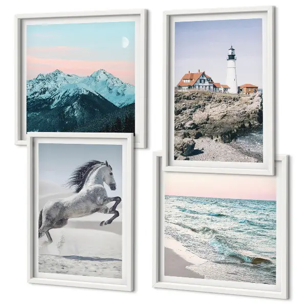 Set of 4 wall art pieces featuring horses in motion on a beach with a lighthouse and mountain landscape