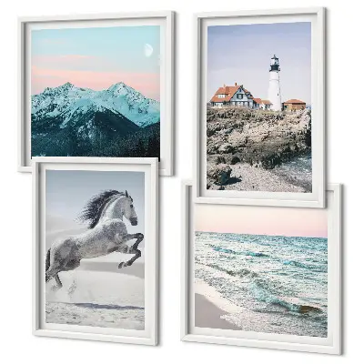 Set of 4 wall art pieces featuring horses in motion on a beach with a lighthouse and mountain landscape