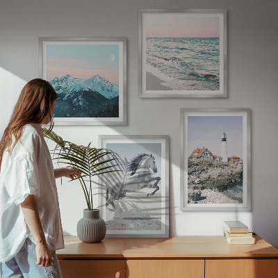 Set of 4 wall art pieces Horses, movement, beach, lighthouse, mountains