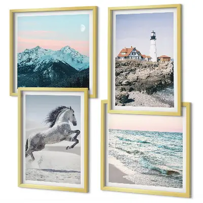 Set of 4 wall art pieces featuring horses in motion on a beach with a lighthouse and mountain landscape