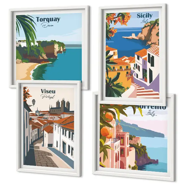 Wall art set retro world city illustrations