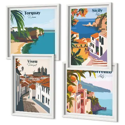 Wall art set retro world city illustrations