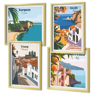 Wall art set retro world city illustrations