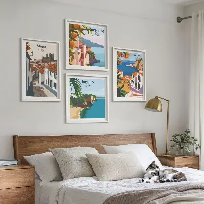 Wall art set retro world city illustrations