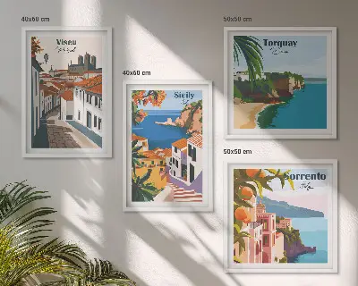 Wall art set retro world city illustrations