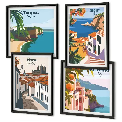 Wall art set retro world city illustrations