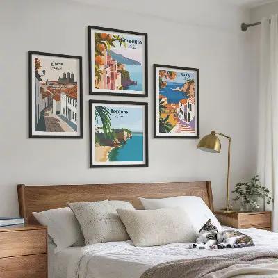 Wall art set retro world city illustrations