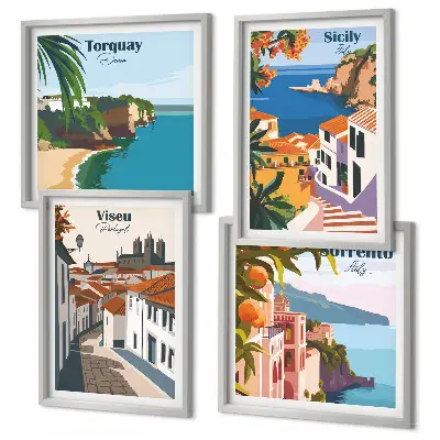 Wall art set retro world city illustrations