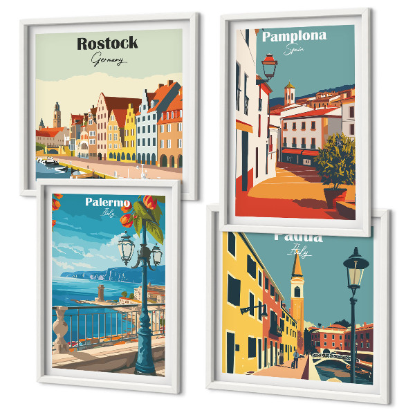 Set of 4 wall art pieces Retro city illustrations