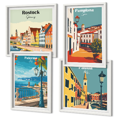Set of 4 wall art pieces Retro city illustrations