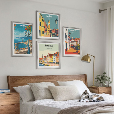 Set of 4 wall art pieces Retro city illustrations
