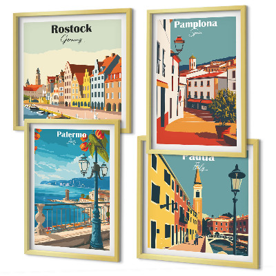 Set of 4 wall art pieces Retro city illustrations