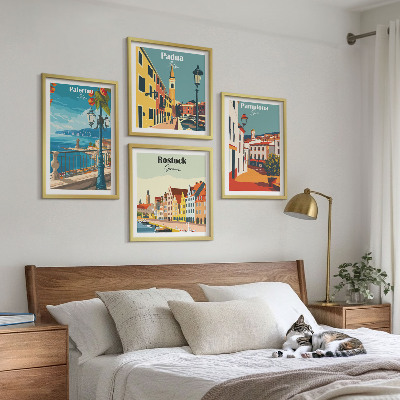 Set of 4 wall art pieces Retro city illustrations