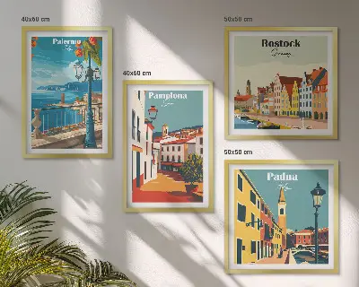 Retro city wall art prints set of 4 pieces