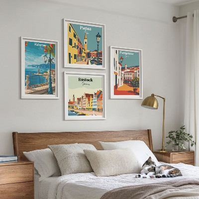 Set of 4 wall art pieces Retro city illustrations