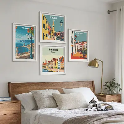 Retro city wall art prints set of 4 pieces