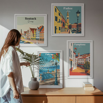 Set of 4 wall art pieces Retro city illustrations