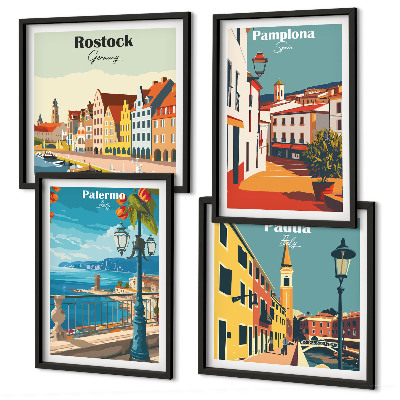 Set of 4 wall art pieces Retro city illustrations